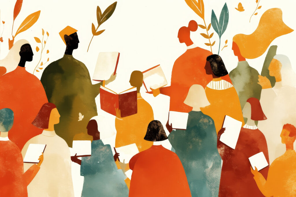 Colorful Abstract Illustration of Diverse People Reading Books in a Community Setting.