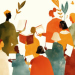 Colorful Abstract Illustration of Diverse People Reading Books in a Community Setting.